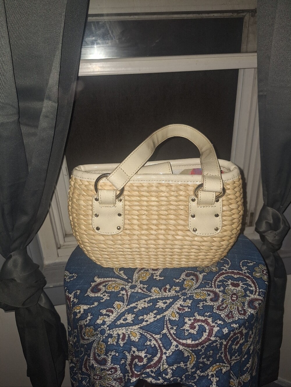 Liz Claiborne Natural Woven Straw Tote with Cream Trim